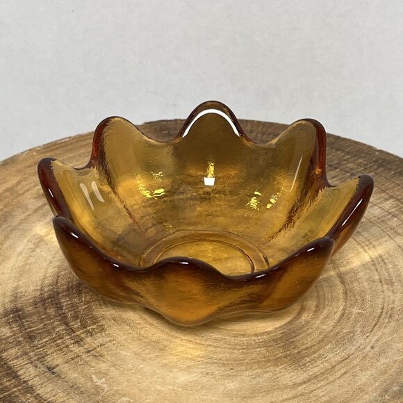 Vintage BLENKO Art Glass Amber Lotus FlowerBowl Hand Blown 8 Finger Scallop MCM - Picture 4 of 5